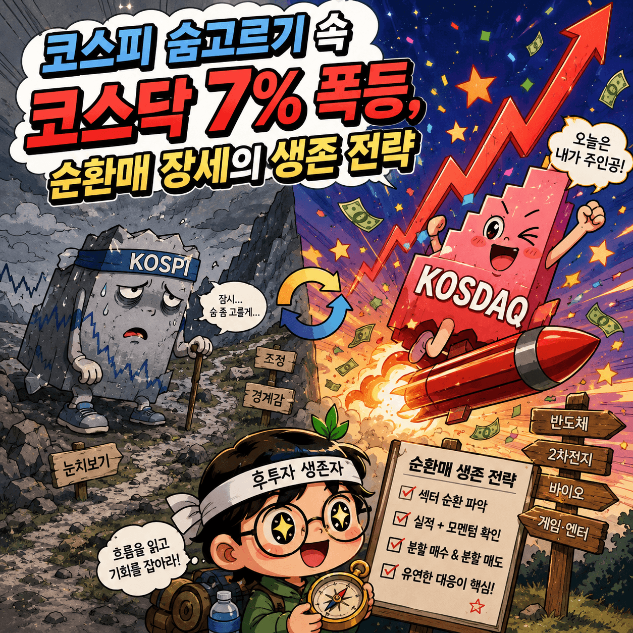 코스피 숨고르기 조정중 코스닥 급등으로 순환되는중