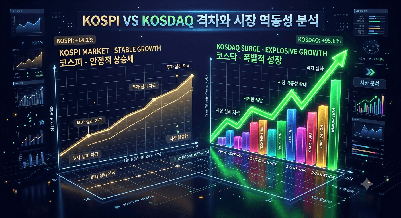 차분하게 숨 고르기를 한 코스피와 폭발적으로 상승한 코스닥의 상반된 지수 흐름을 직관적으로 비교해 주는 3D 금융 인포그래픽입니다.