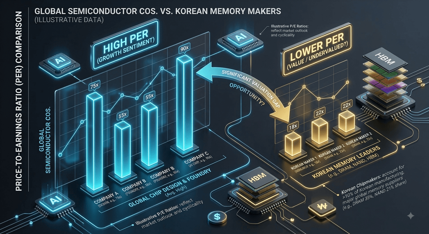 글로벌 경쟁사 대비 현저히 저평가되어 있는 한국 메모리 반도체 기업들의 밸류에이션(PER) 매력을 한눈에 비교할 수 있도록 직관적으로 시각화한 3D 데이터 인포그래픽입니다.