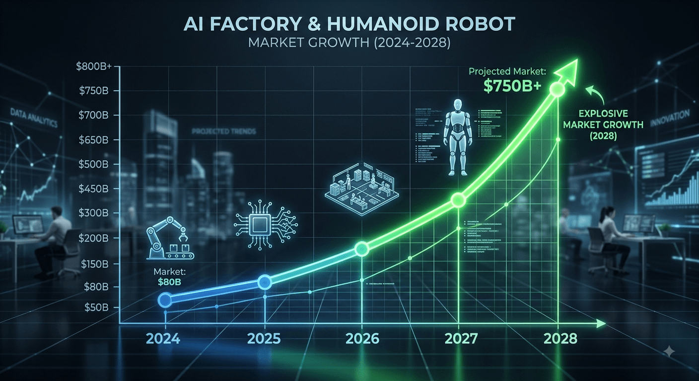 2024년부터 2028년까지 폭발적으로 성장할 것으로 예상되는 AI 팩토리 및 휴머노이드 로봇 시장의 장기적인 매출 구조 확장을 직관적으로 보여주는 3D 우상향 인포그래픽입니다.